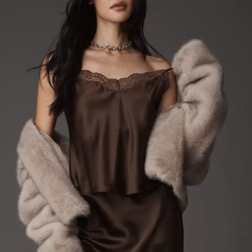 Reformation Teddy Silk Top Small Cafe Brown Lace Cami French Classic